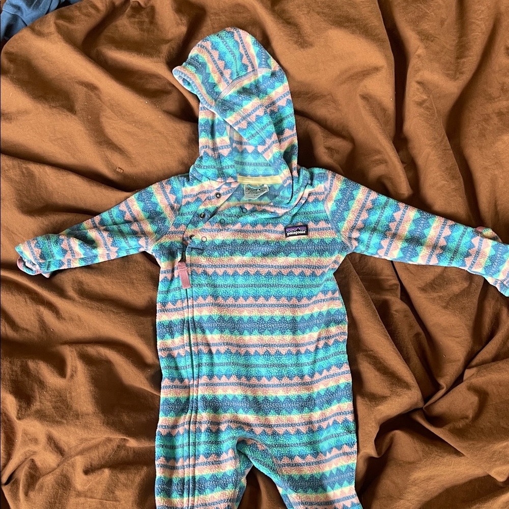 Patagonia Kids Fleece One-Piece in Teal, Pink & White Stripe